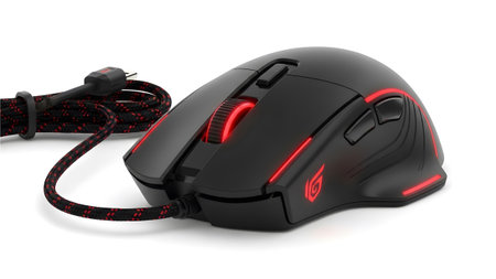 A black wired gaming mouse with glowing red LED accents and a red and black braided cable on a...