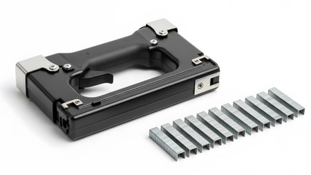 Staples showing black handheld staple gun with metal staples on white background.