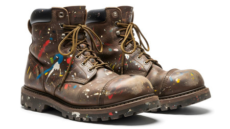 Paint showing brown leather work boots with colorful paint splatters and worn texture on a white...