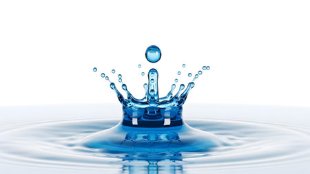 Drop showing blue water splash crown formation with a single drop suspended above on a white...