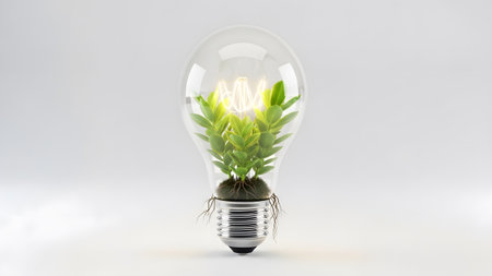 Light showing clear glass light bulb with lush green plant and roots on white background.