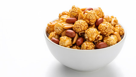 With showing bowl of caramel popcorn and peanuts with white background and copy space.