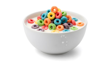 Background showing brightly colored cereal rings floating in a white bowl of milk on a clean...