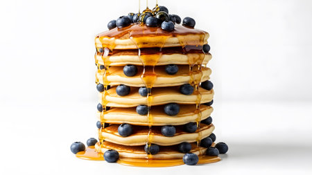 A tall stack of fluffy pancakes with blueberries and dripping syrup, presented against a clean...