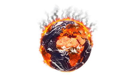 Flames showing burning planet earth engulfed in flames and smoke on a white background