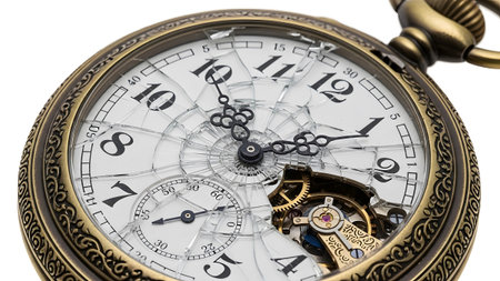 Pocket showing close up of a vintage pocket watch with a cracked glass face and visible gears....