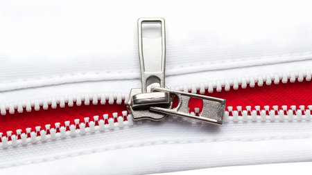 showing close up of a partially open silver zipper on white fabric with a red fabric...