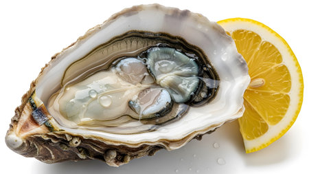 showing close-up of fresh oyster in shell with water droplets and lemon slice.