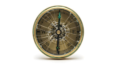 Face showing close-up of a vintage compass with a shattered glass face and pointing needle.