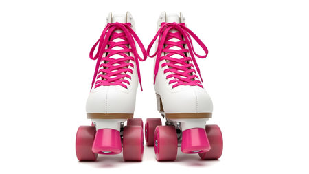 Pink showing close-up front view of white quad roller skates with pink laces and pink wheels....