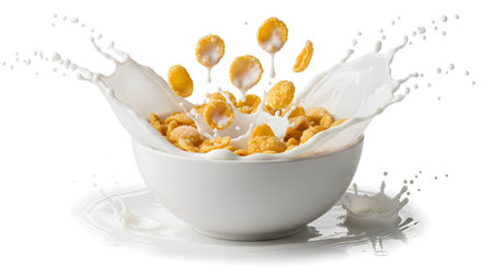 An energetic splash of white milk sends golden cornflakes airborne above a white bowl, a vibrant...