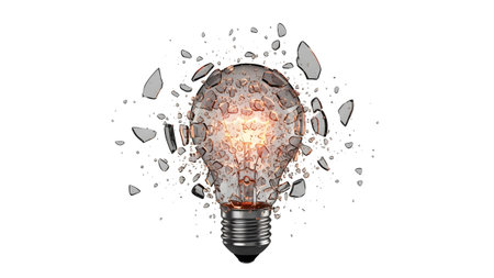 A clear glass light bulb is exploding with a glowing orange filament at its center and glass...