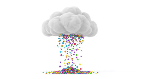 showing fluffy white cloud raining colorful sprinkles and star shapes onto a pile on white...