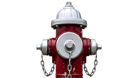 Detailed view of a red fire hydrant's silver cap and chains, isolated on a clean white background.