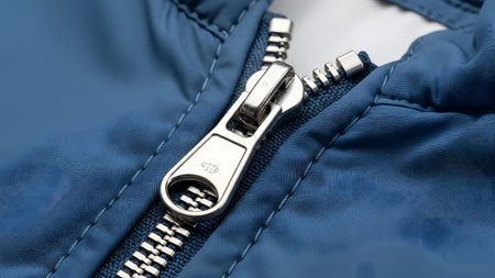 A detailed close-up of a shiny silver zipper on a blue jacket with a subtle pattern, on white.