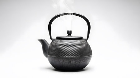 A dark grey textured cast iron teapot with a black handle emits steam from its spout against a...の写真素材