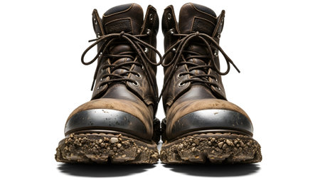 A front-facing view of two brown leather work boots featuring steel toe caps and soles laden...