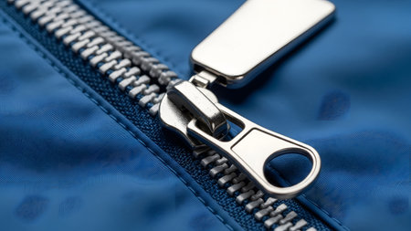 A close-up of a shiny silver zipper on a vibrant blue fabric, isolated on a white background.