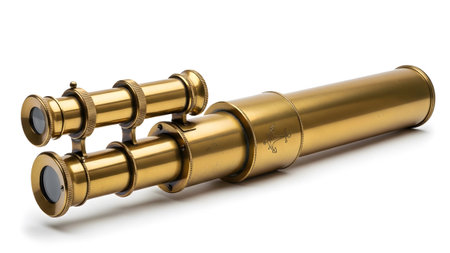 A close-up of an antique brass telescope with dual eyepieces and an engraved anchor.......