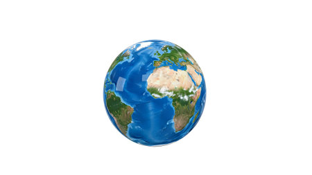 A highly detailed Earth globe showing continents, oceans, and clouds, rendered with a glossy...