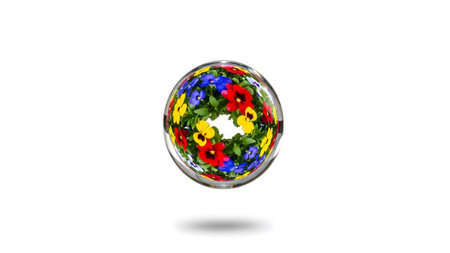 showing glass sphere encapsulating a colorful wreath of pansies in red yellow and blue on...