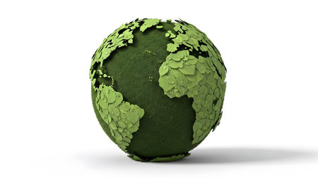 A green planet Earth globe covered in lush leaves and water droplets on a white background.の写真素材
