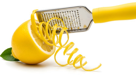 A yellow half lemon with a green leaf is being zested by a yellow-handled grater on white.