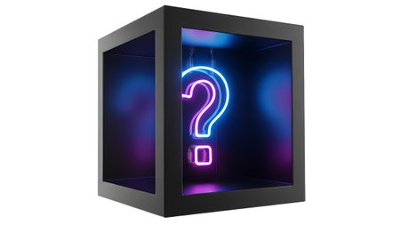 Blue showing illuminated neon question mark inside a dark cube with blue and purple glowing...