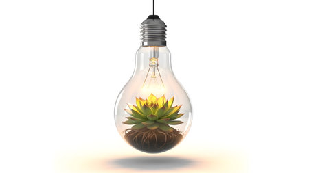 Light showing hanging clear glass light bulb with succulent plant and roots on white background....の写真素材