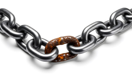 (2324) showing metal chain with one rusty link contrasting with silver links on white...