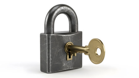 Metal showing grungy dark metal padlock with gold key partially inserted for security.