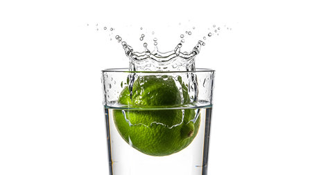 (1641) showing lime splashing into clear water inside a glass with white background and water...の写真素材