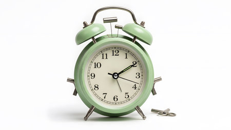 Metal showing pale green retro alarm clock with metal bells and winding key on white background....の写真素材