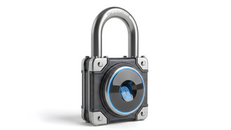 An industrial-style metallic padlock with a blue illuminated fingerprint scanner and visible...