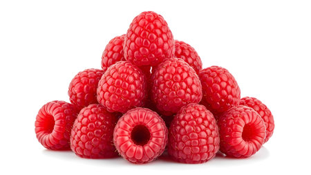 A pyramid of fresh red raspberries is shown against a white background, highlighting the...