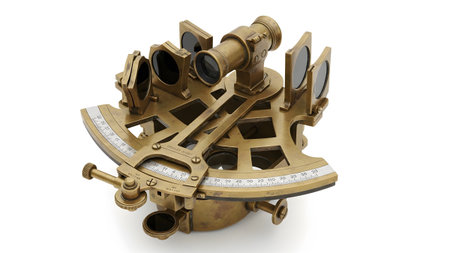With showing ornate antique brass sextant with multiple lenses and a white background.