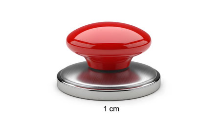 Base showing red knob with brushed metal base and 1 cm measurement. resolution