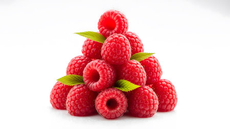 A pyramid arrangement of vibrant red raspberries, accented by small green leaves, presented on a...の写真素材