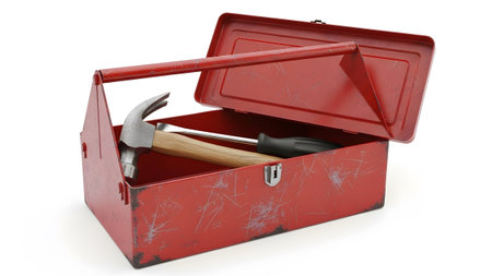 Metal showing red metal toolbox with claw hammer and screwdriver open on white. resolution...