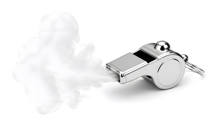 A polished silver sports whistle is depicted from the right, with a substantial cloud of white...の写真素材