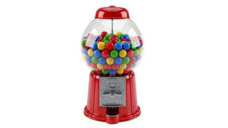 A red retro gumball machine filled with a variety of colorful round candies is presented on a...