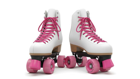 Pink showing pair of white quad roller skates with pink laces and pink wheels angled on white....