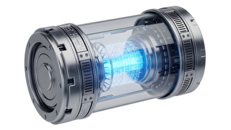 showing sci-fi metallic cylinder with transparent glass tube containing glowing blue...