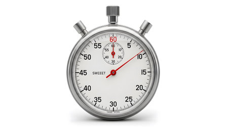 A classic silver stopwatch with a red second hand against a stark white background.