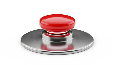 Base showing shiny red push button on brushed metal base with white background. resolution...の写真素材
