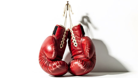 Two red leather boxing gloves are suspended from a nail, their forms casting a distinct shadow...