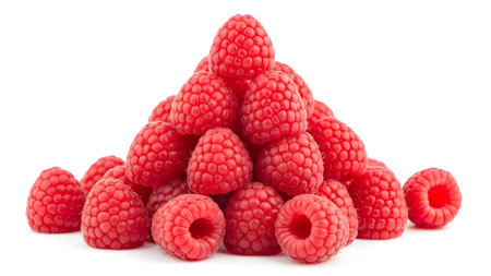 A pyramid-shaped stack of numerous fresh red raspberries is presented against a clean white...