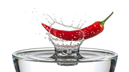 A vibrant red chili pepper creates a dynamic crown splash as it falls into clear water within a...