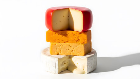 A stack of four distinct cheeses including a red-waxed wheel, orange block, and white-rinded...