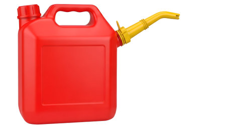 (2525) showing red plastic gasoline can with a yellow spout and red cap on a white background....